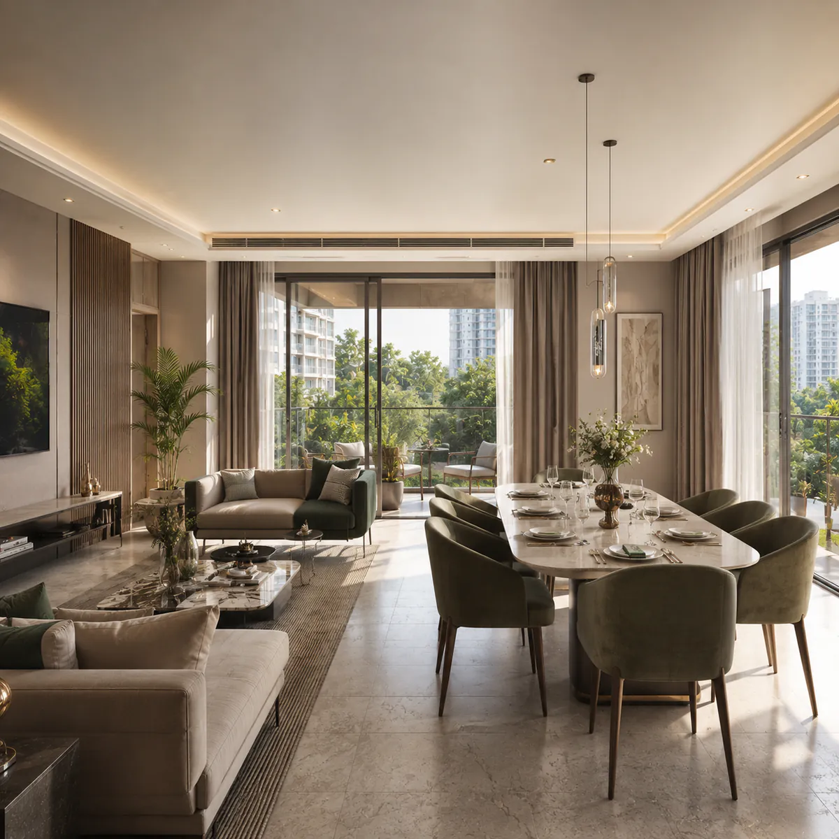 SNN Kannur Road apartment interior - living and dining volume with the balcony beyond SNN Kannur Road apartment interior - living and dining volume with the balcony beyond