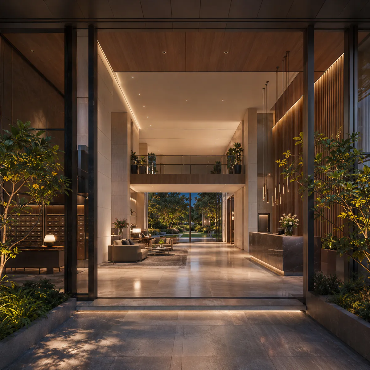 SNN Kannur Road double-height entrance lobby with landscaped forecourt beyond SNN Kannur Road double-height entrance lobby with landscaped forecourt beyond