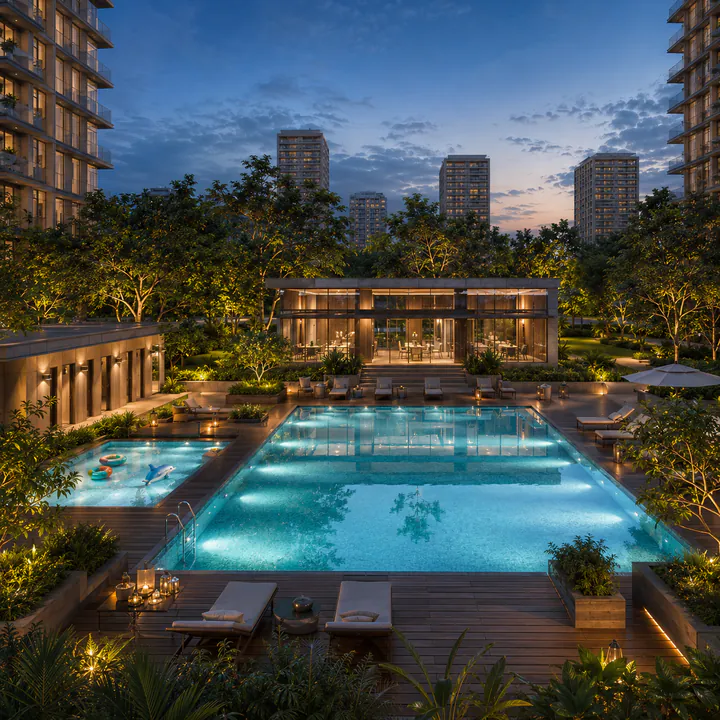 SNN Kannur Road swimming pool and deck with the clubhouse frontage behind
